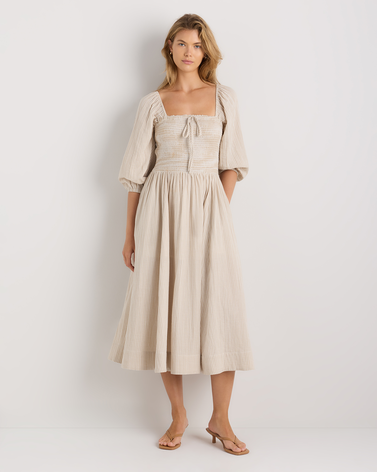 100% Organic Cotton Gauze Smocked Square Neck Midi Dress