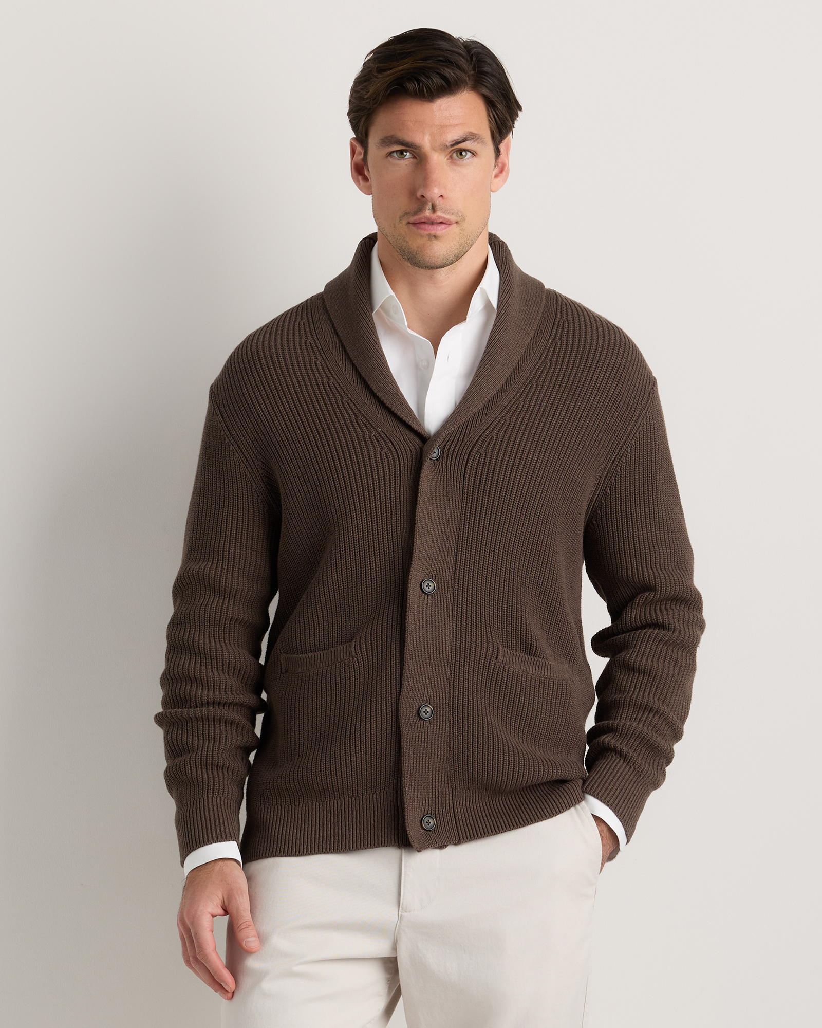 100% Organic Cotton Ribbed Shawl-Collar Cardigan Sweater