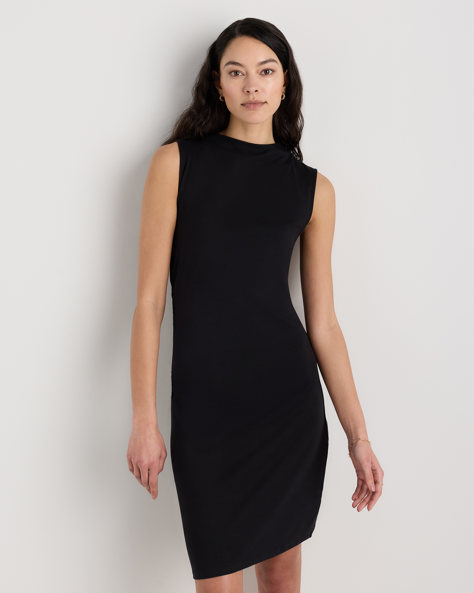 Stretch Cotton Jersey Mock Neck Mini Dress