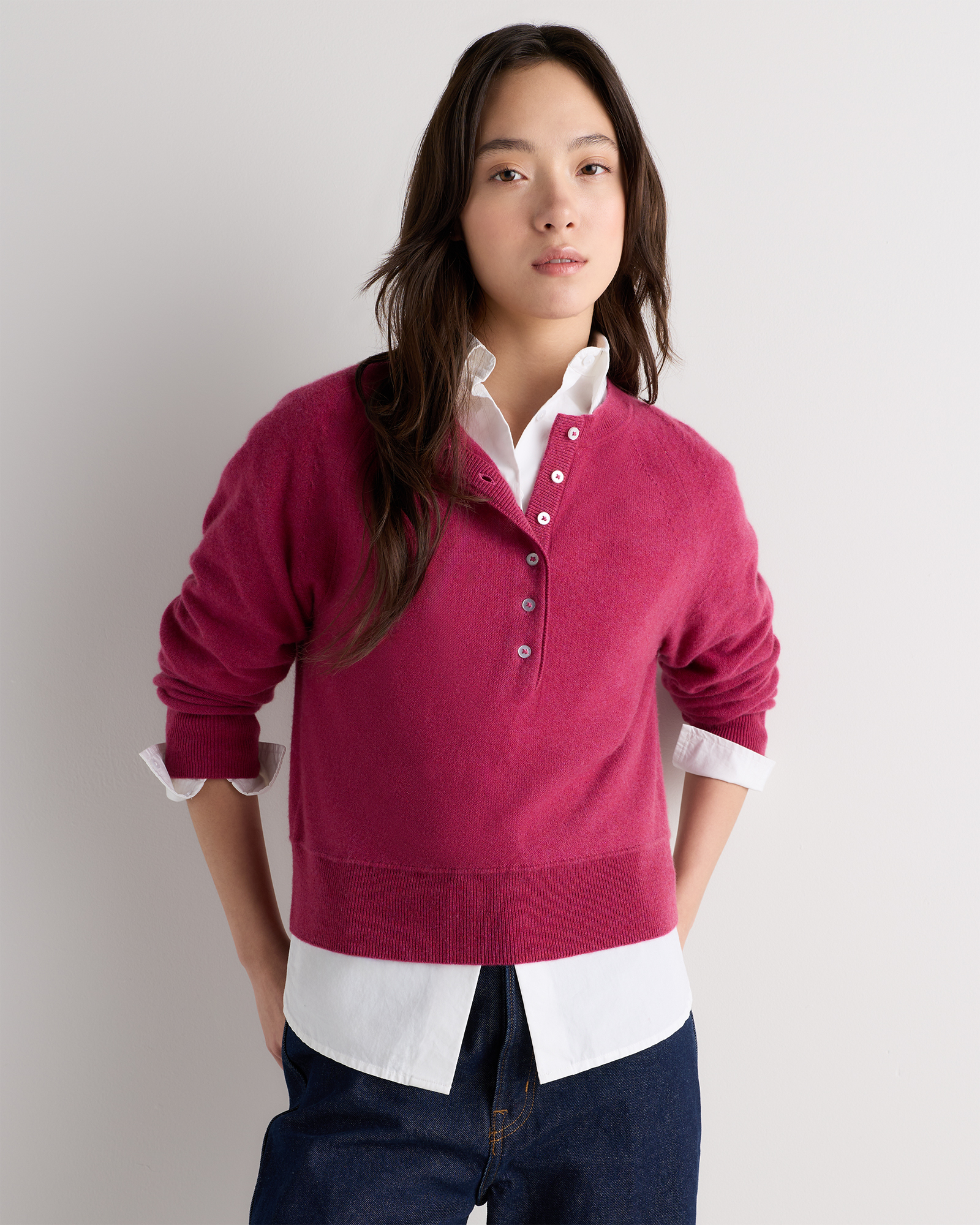 Mongolian Cashmere Dolman Sleeve Henley Sweater