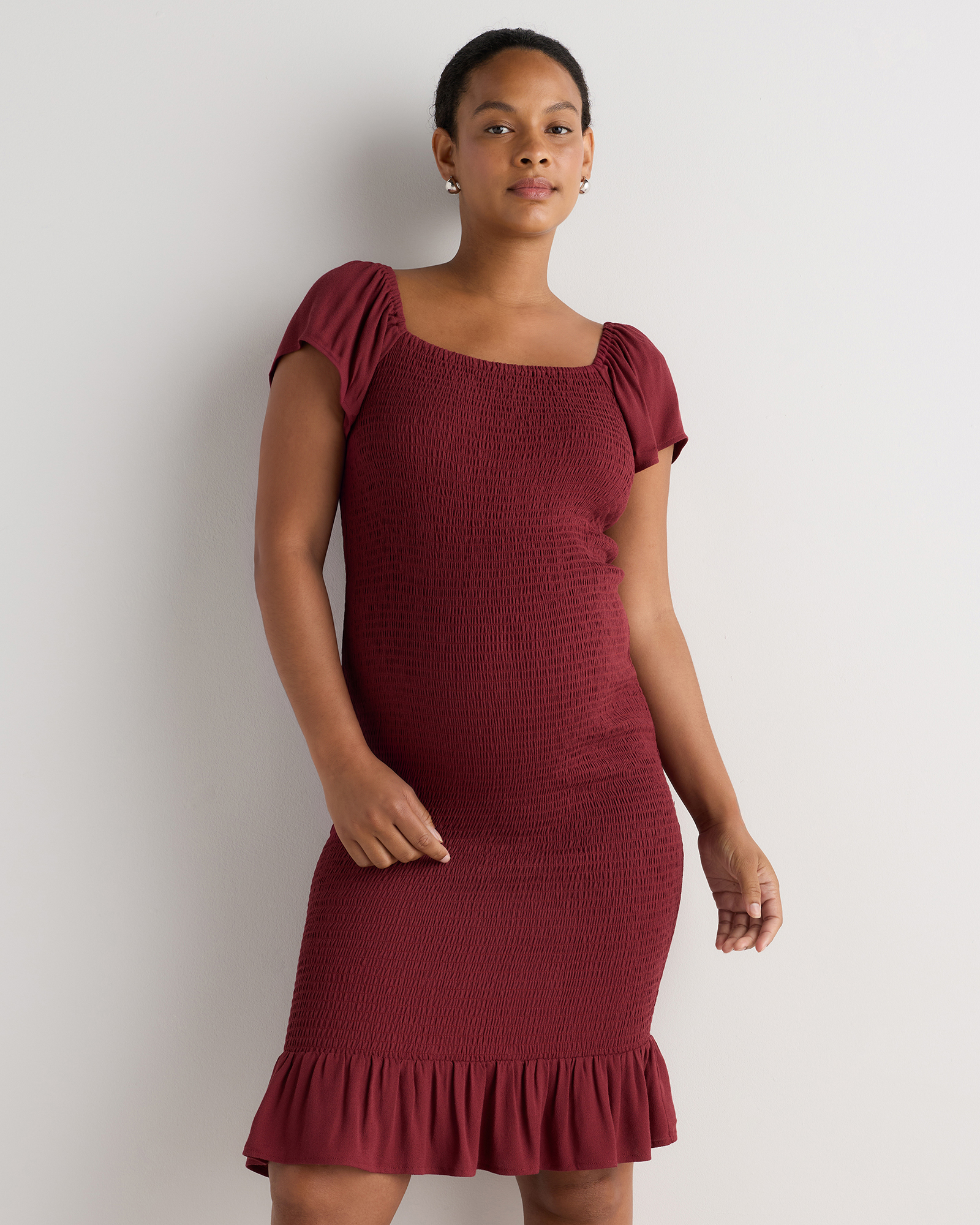 Lightweight Crepe Smocked Flutter Sleeve Maternity Dress