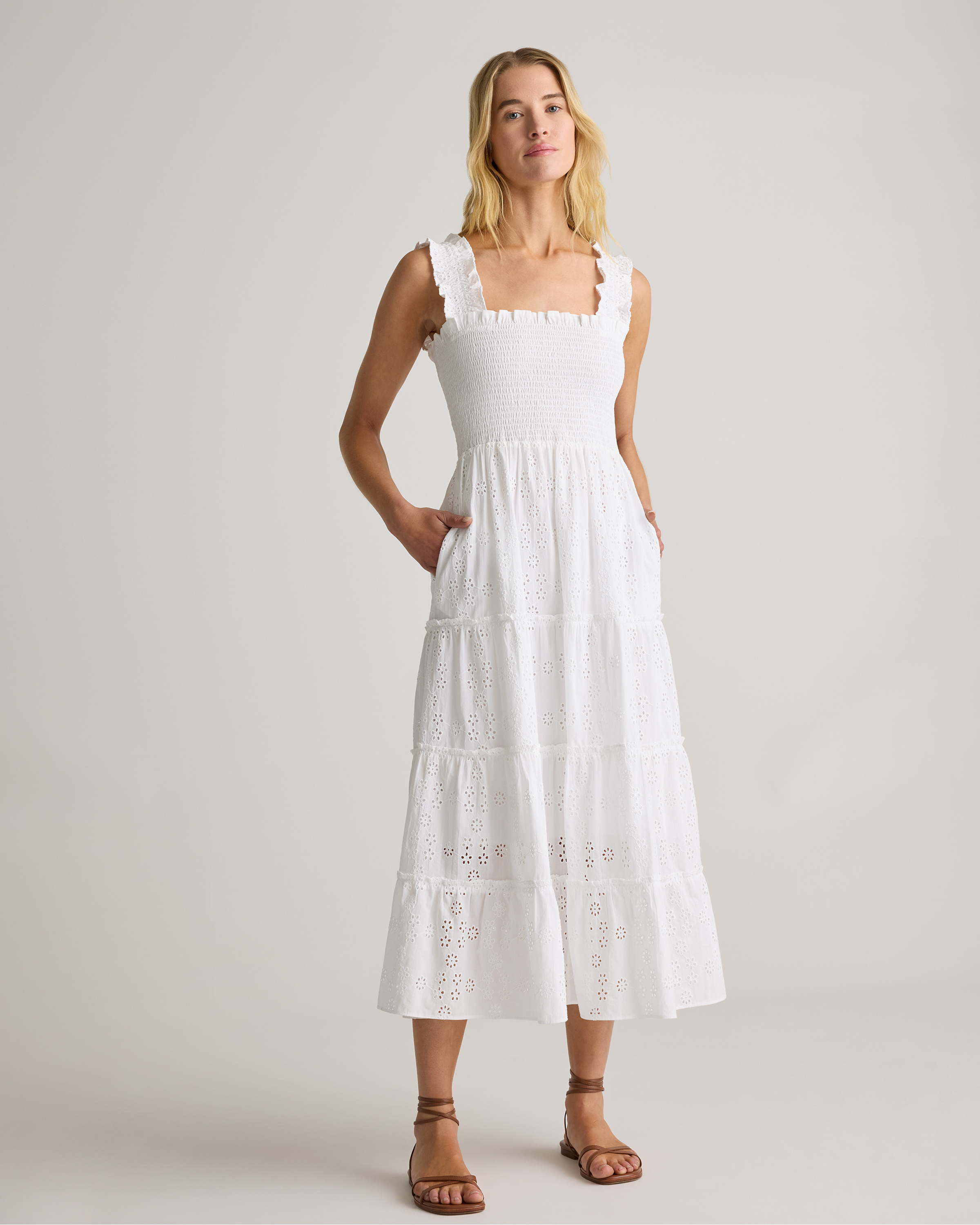 100% Organic Cotton Eyelet Smocked Midi Dress