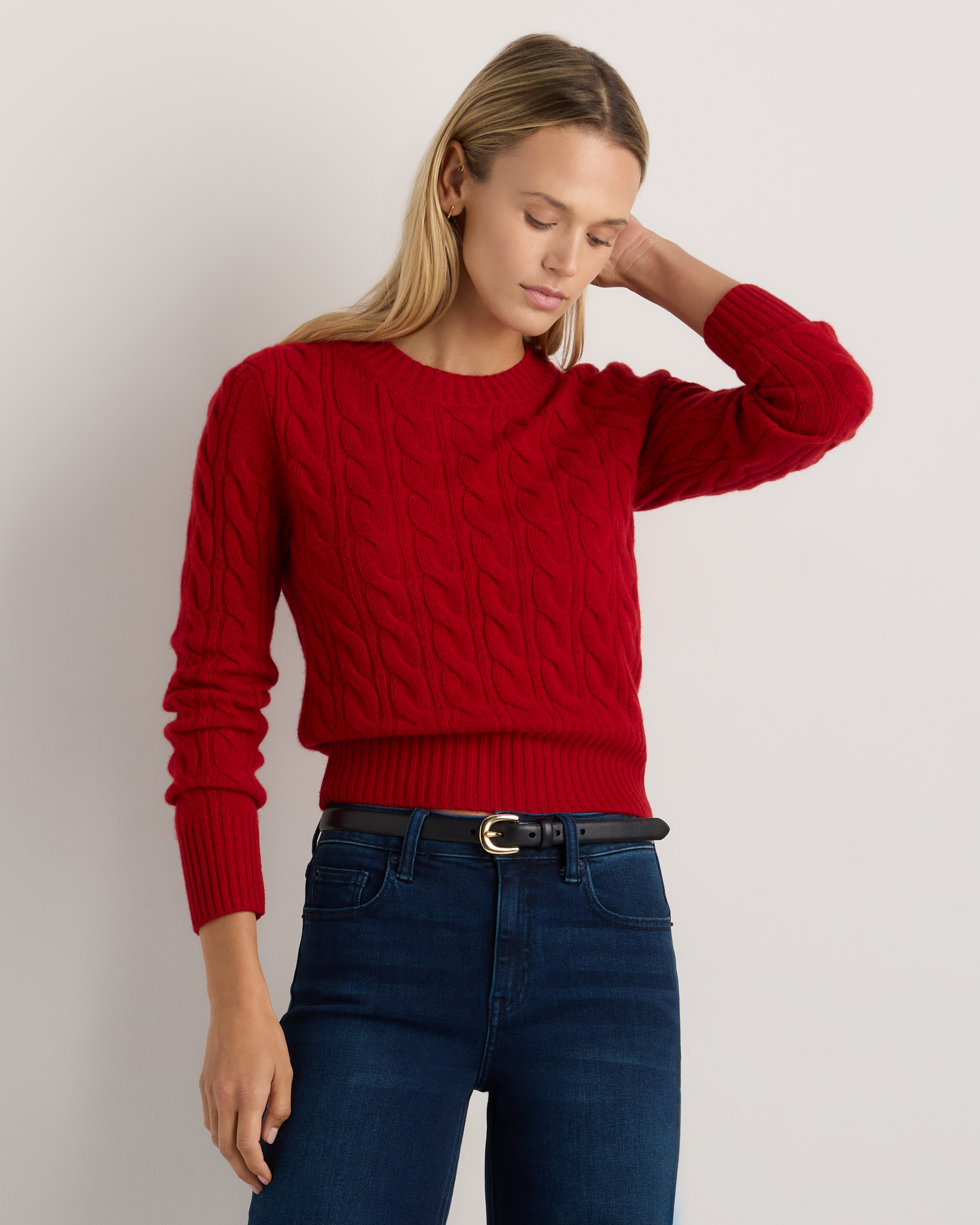 Mongolian Cashmere Shrunken Cable Crewneck Sweater