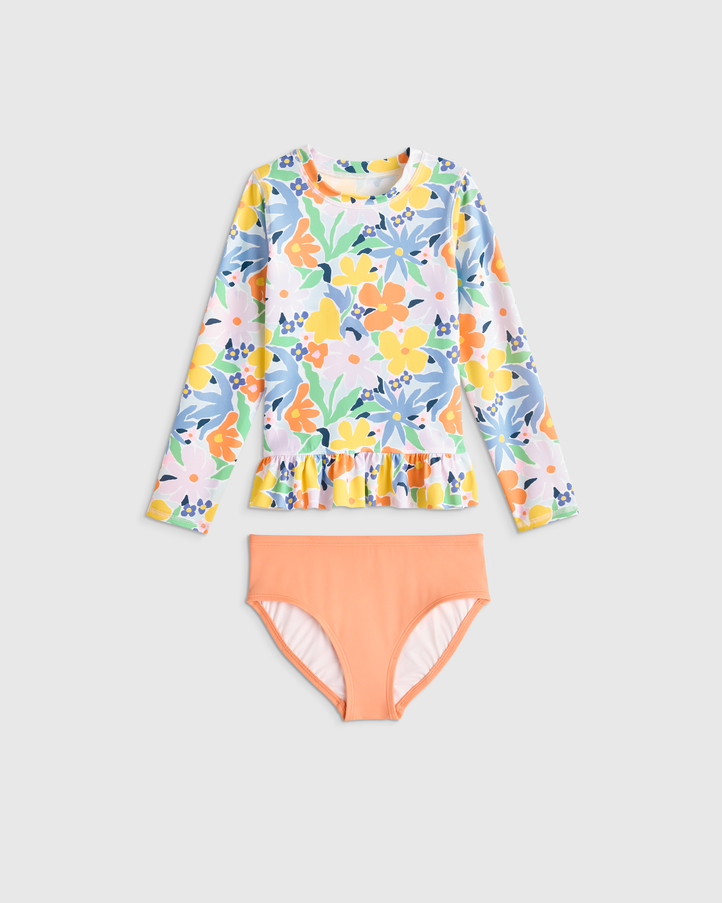 Long Sleeve Ruffle Rash Guard Two-Piece Swimsuit