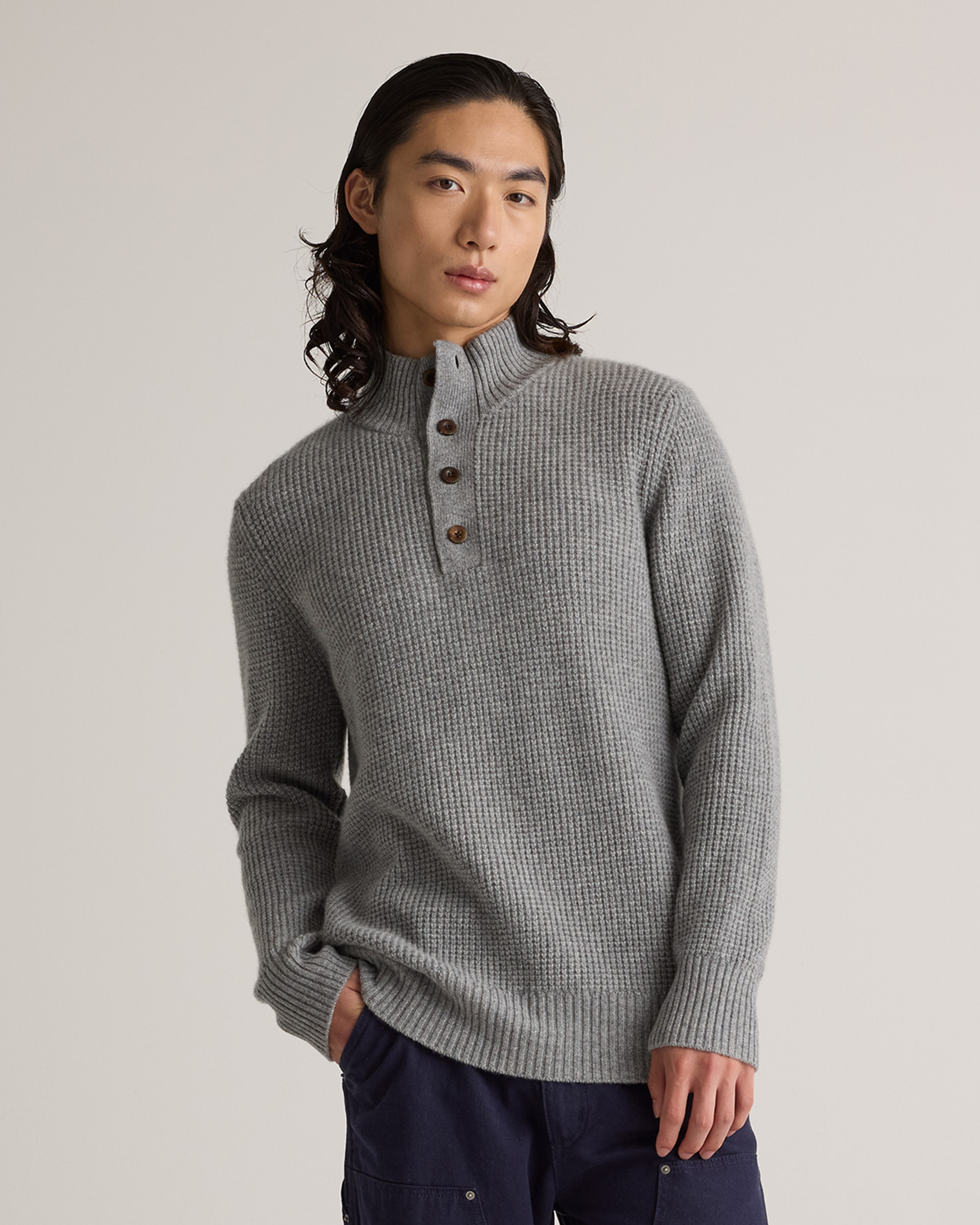 Mongolian Cashmere Waffle Quarter Button Sweater