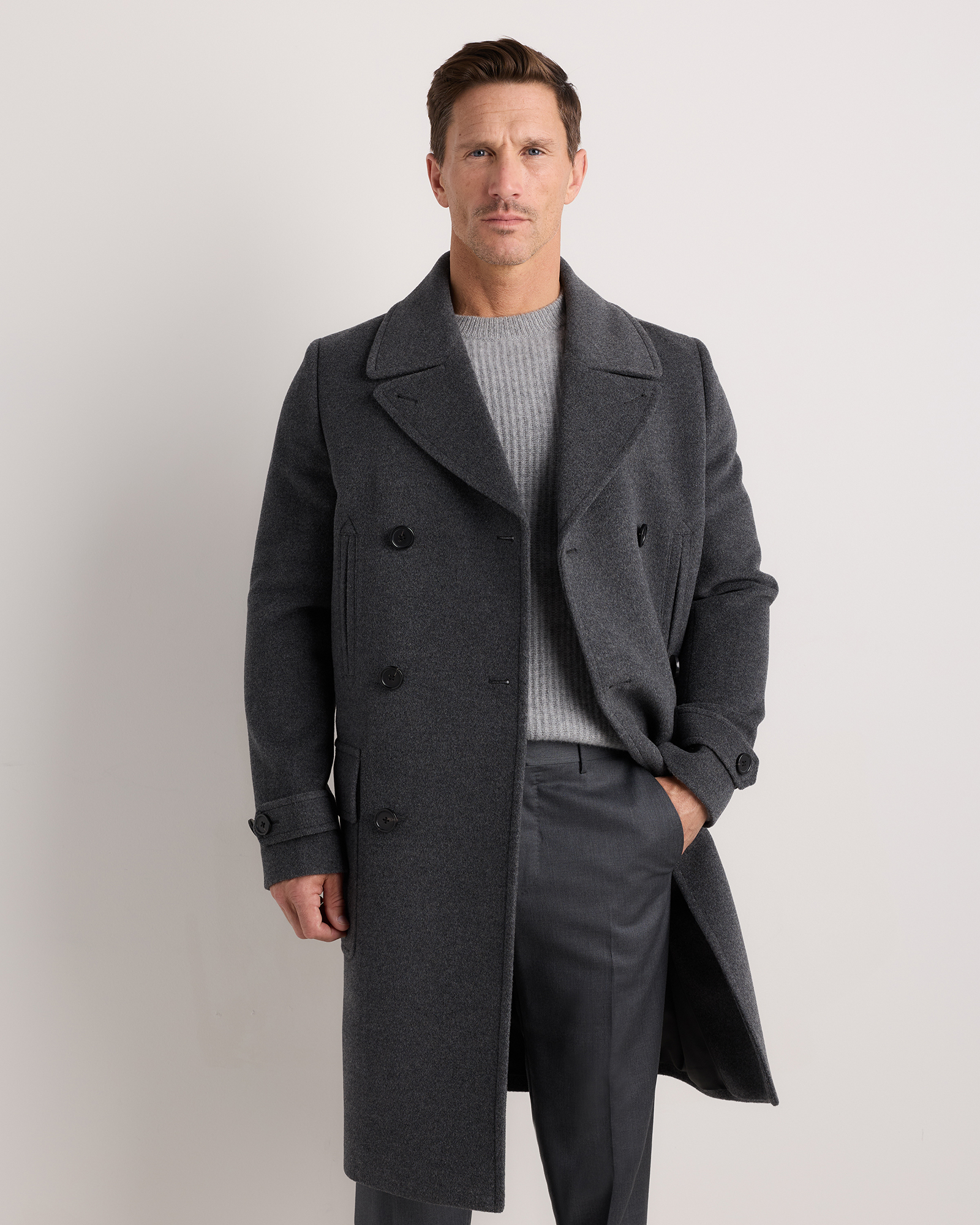Wool Cashmere Double-Breasted Officer Topcoat