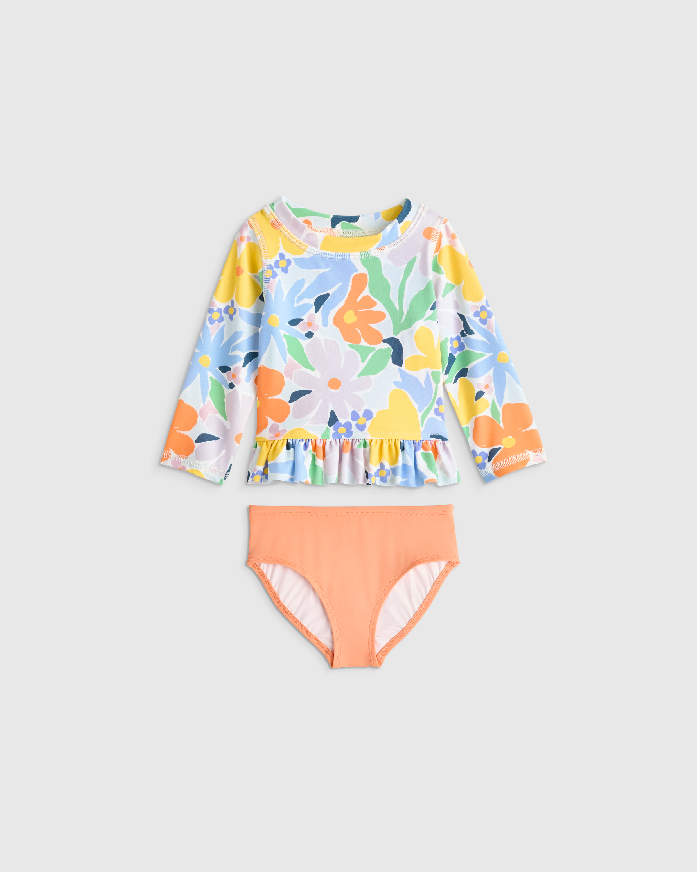 Long Sleeve Ruffle Rash Guard Two-Piece Swimsuit