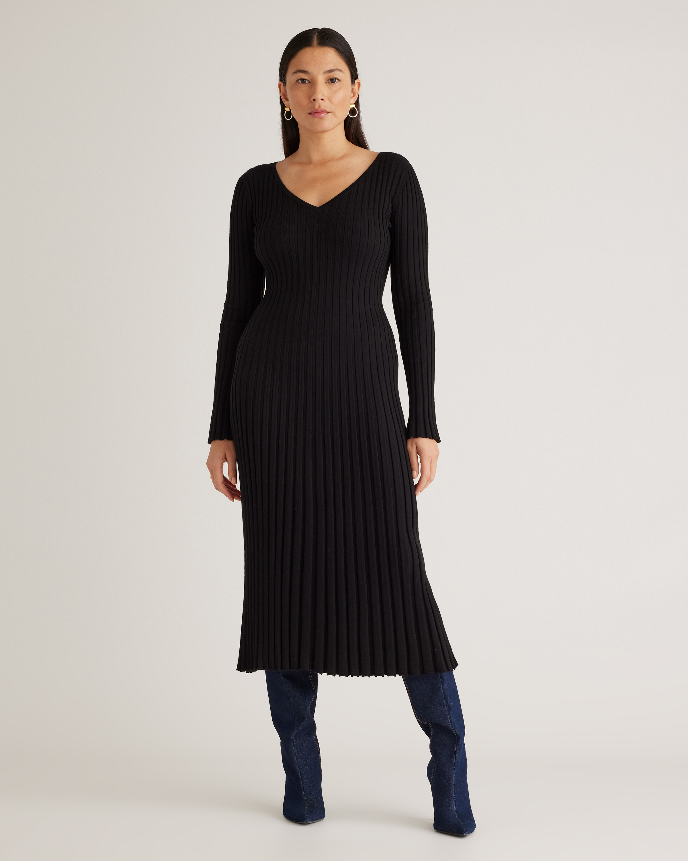 Cotton Cashmere Ribbed Long Sleeve V-Neck Midi Dress
