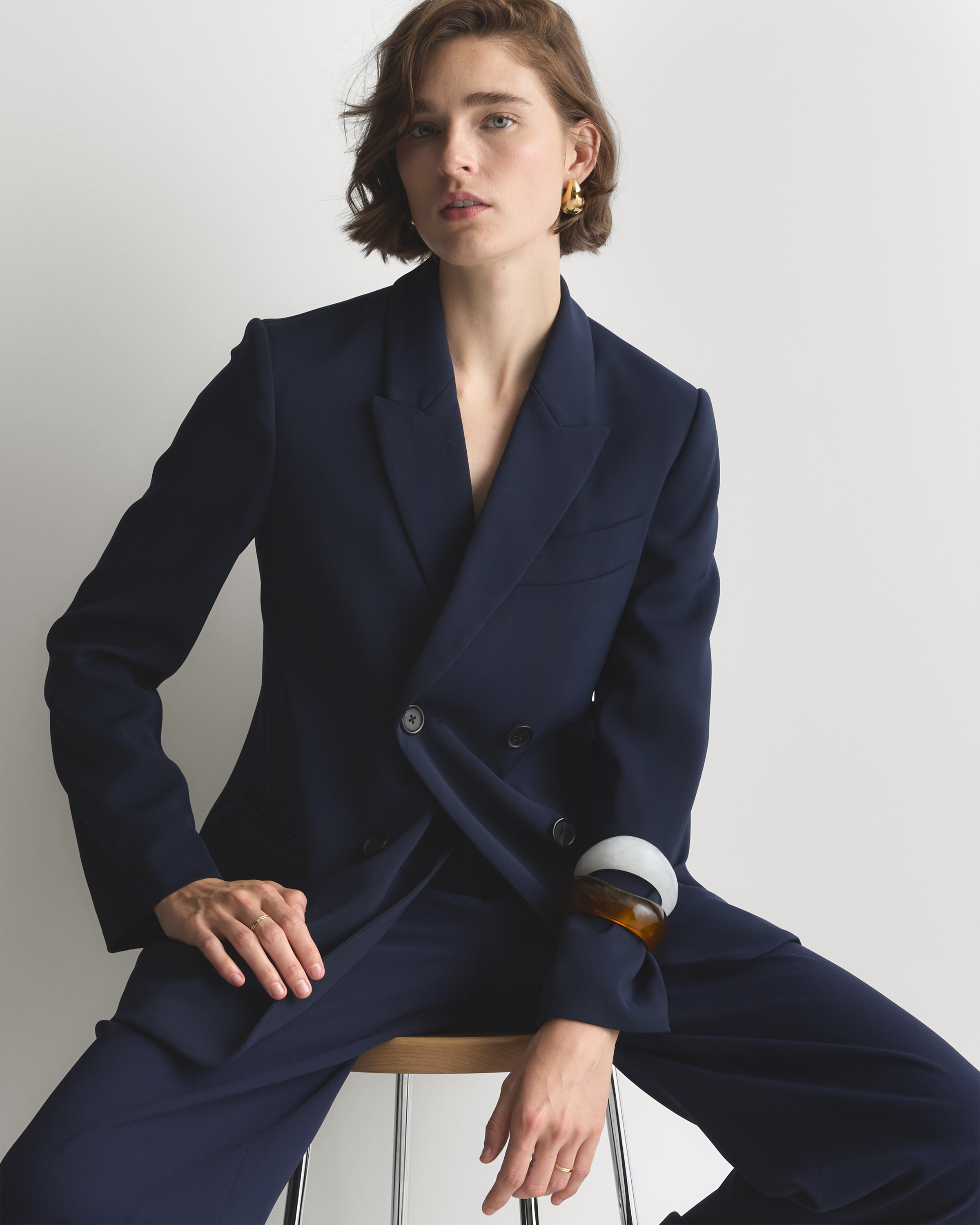 Stretch Crepe Relaxed Double-Breasted Blazer