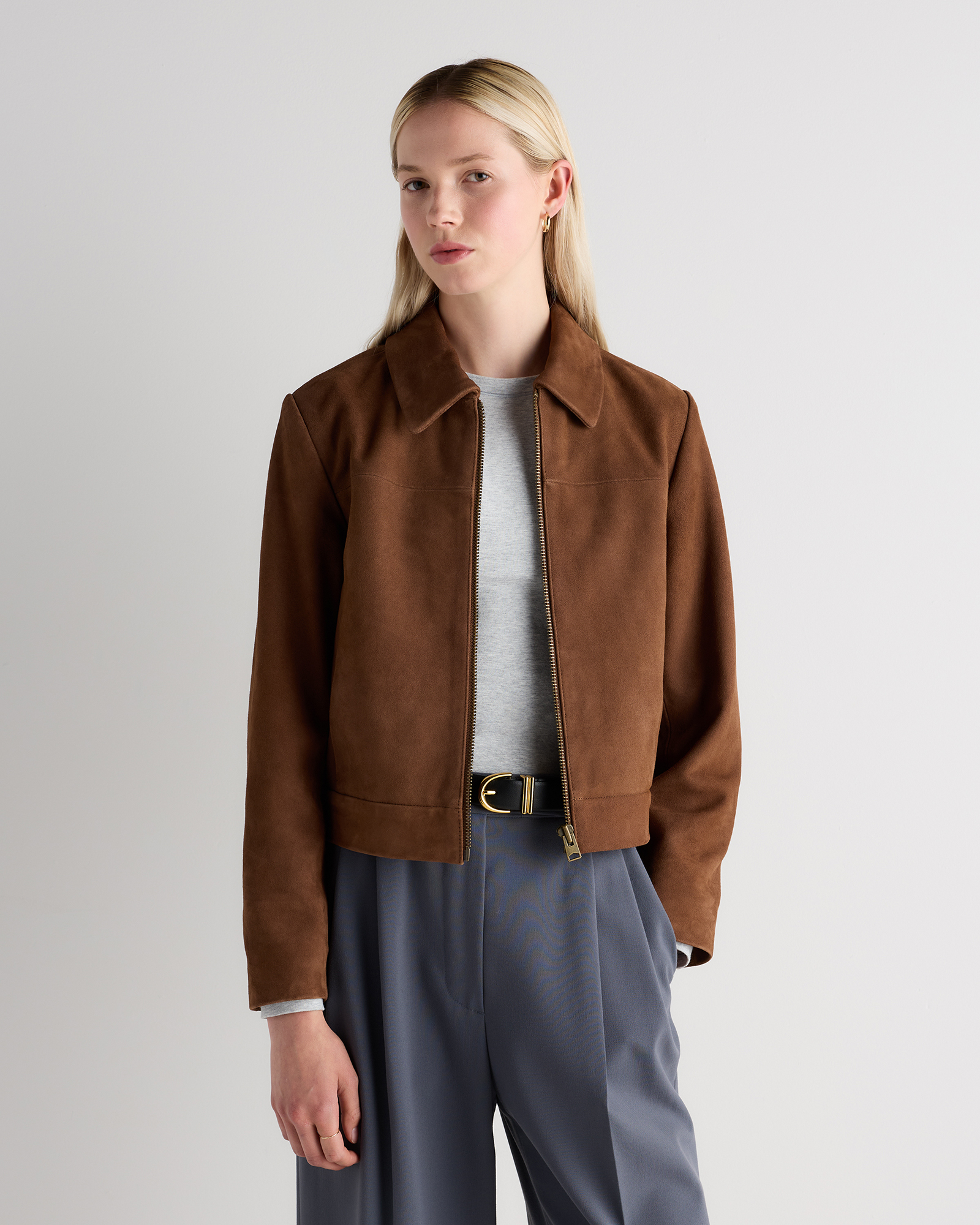 100% Suede Cropped Zip-Front Jacket