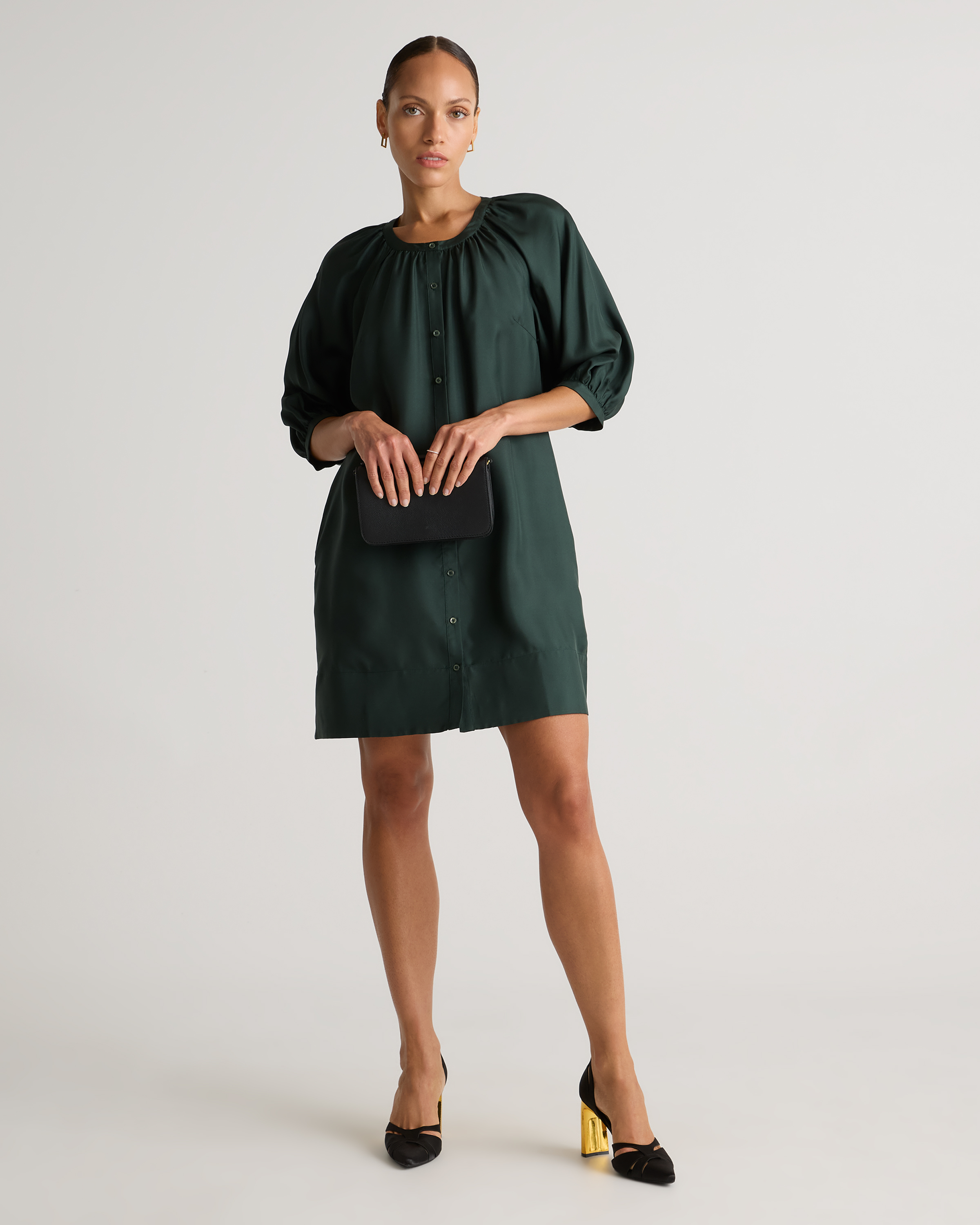 100% Silk Twill Button Front Mini Dress
