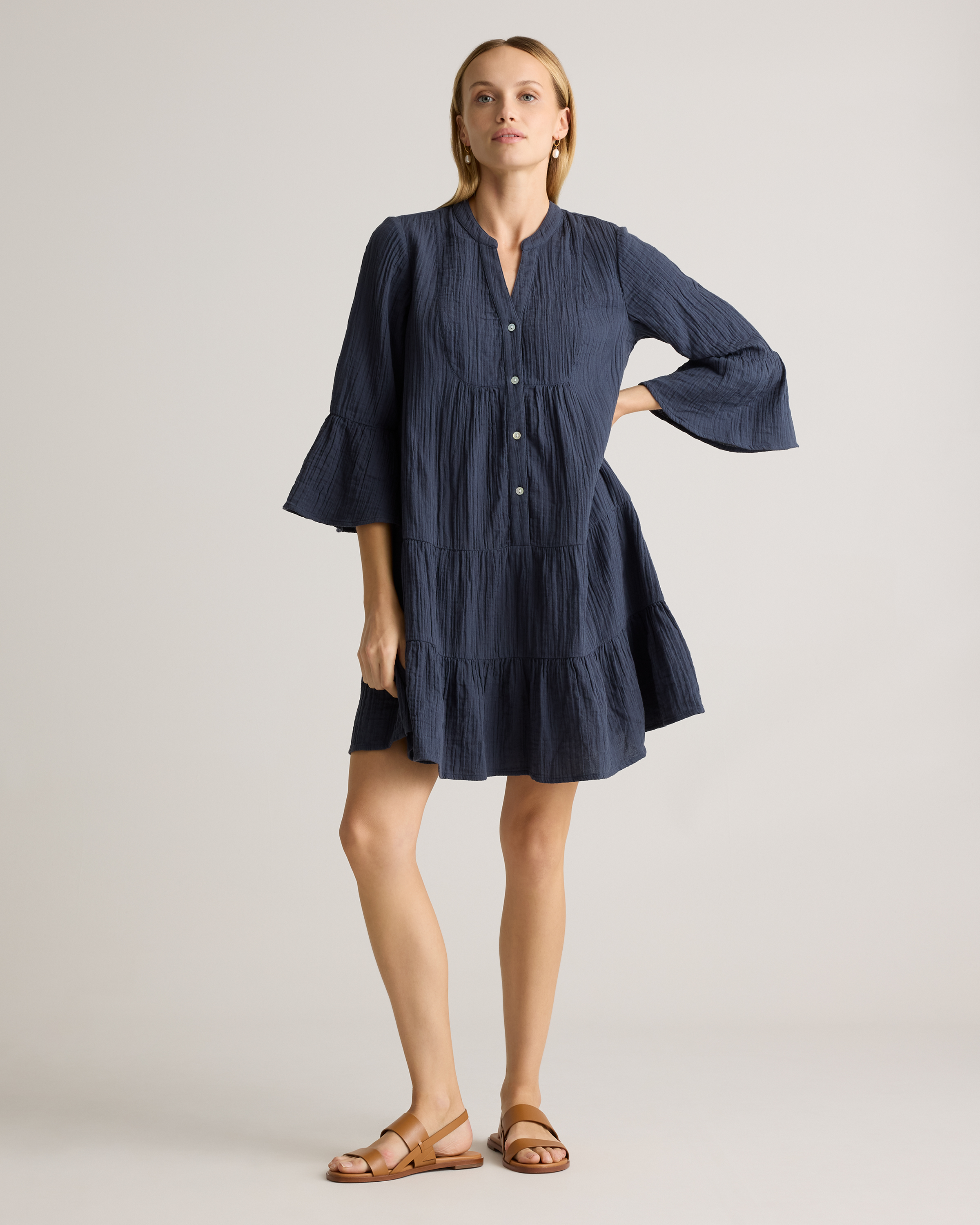 100% Organic Cotton Gauze Long Sleeve Tiered Mini Dress
