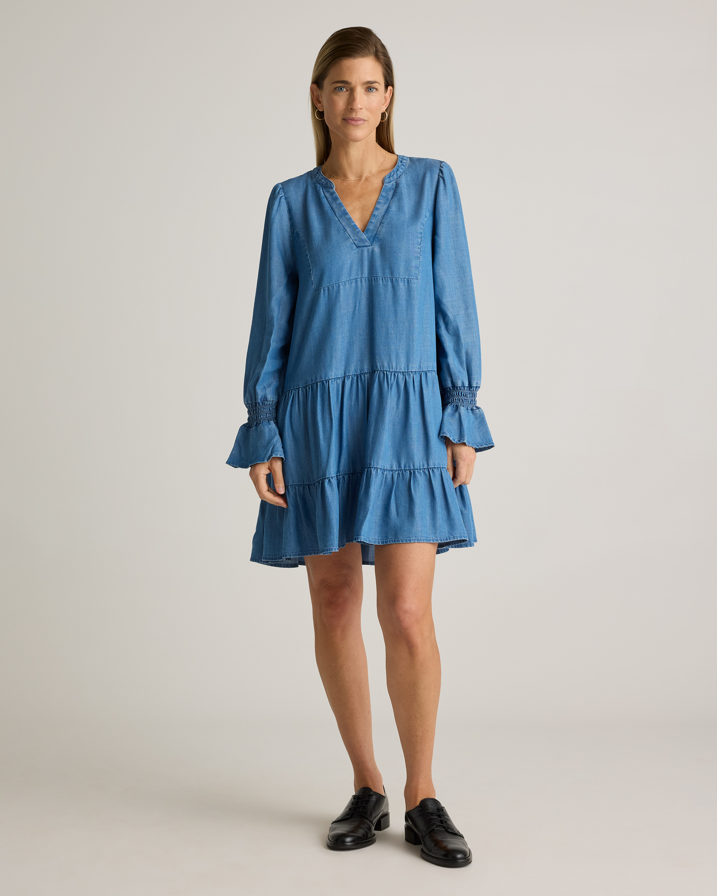 Chambray Tencel Tiered Long Sleeve Mini Dress
