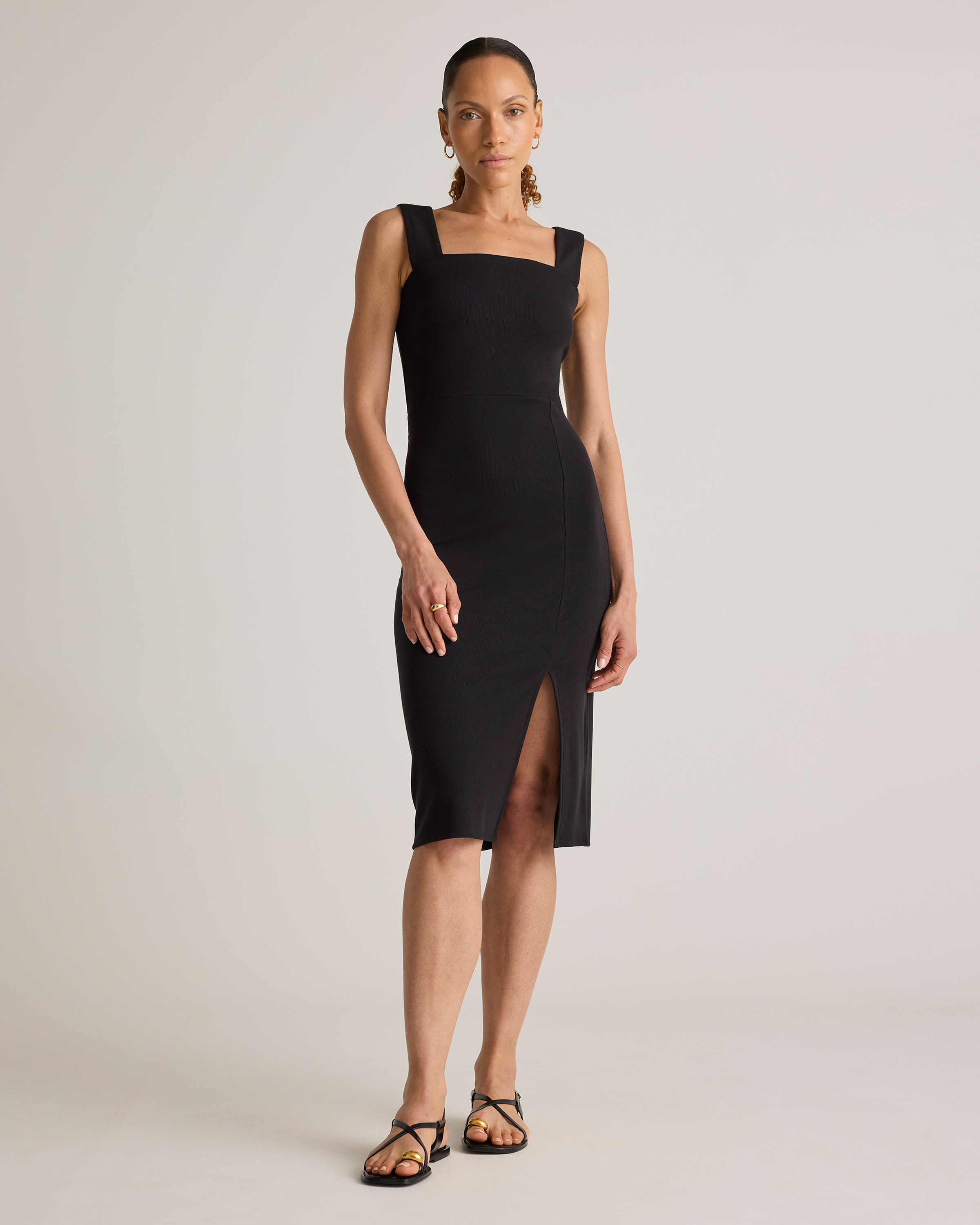 Tencel Rib Knit Sleeveless Square Neck Midi Dress